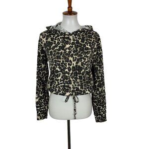 Socialite Leopard Print Hooded Pullover Sweatshirt Drawstring Hem Long Sleeve Sm